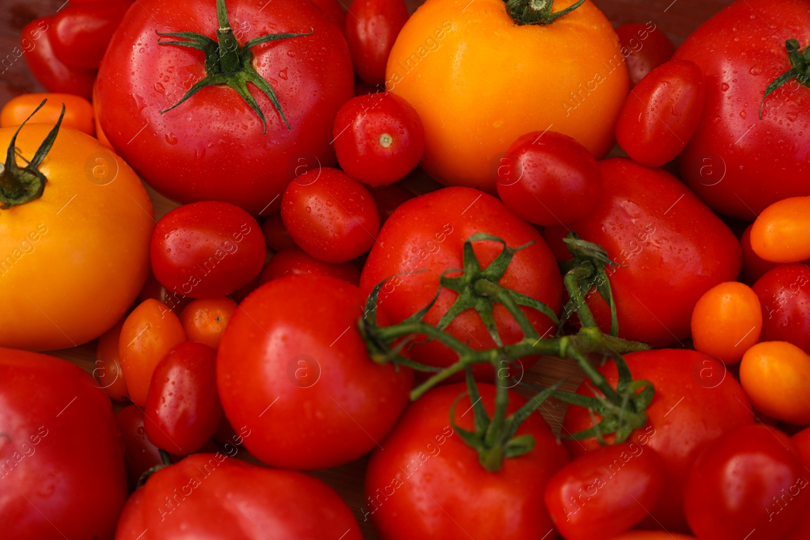 Photo of Tasty fresh tomatoes as background, closeup view