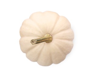 Photo of One ripe beige pumpkin isolated on white, top view