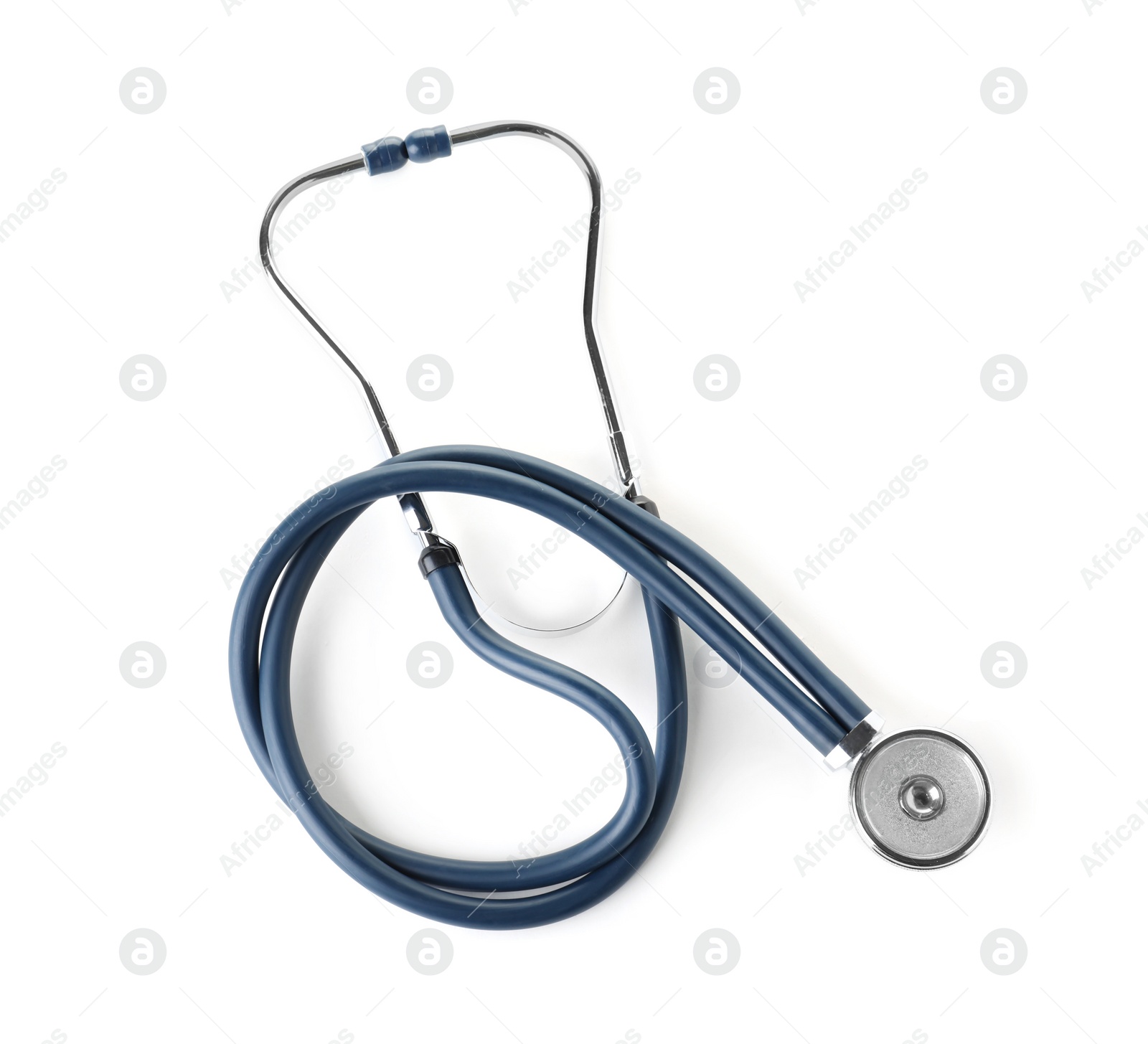 Photo of Stethoscope on white background, top view. Medical device