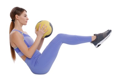 Photo of Athletic woman doing exercise with medicine ball isolated on white