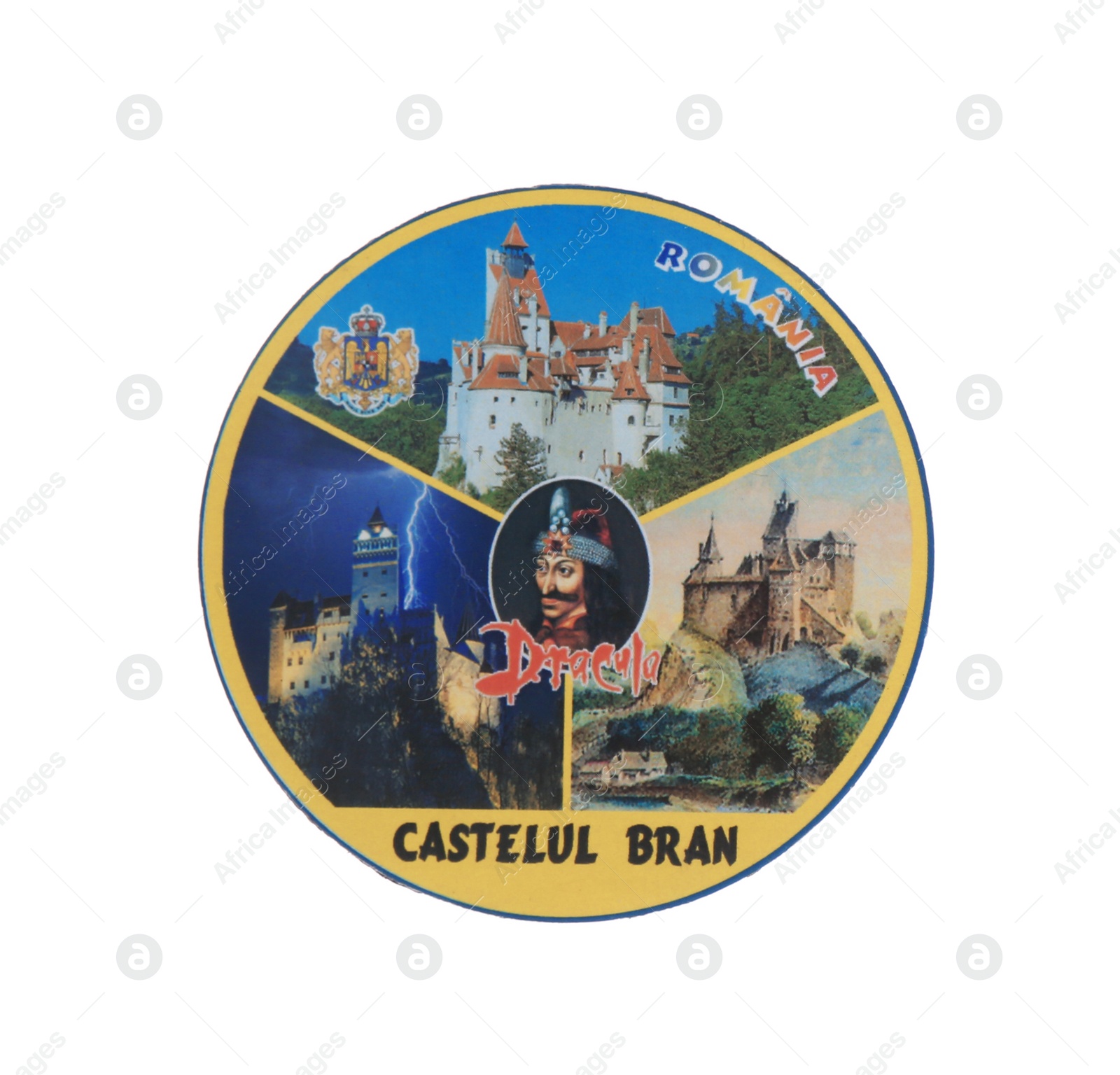 Photo of MYKOLAIV, UKRAINE - DECEMBER 24, 2018: Souvenir fridge magnet with Bran Castle, Romania on white background