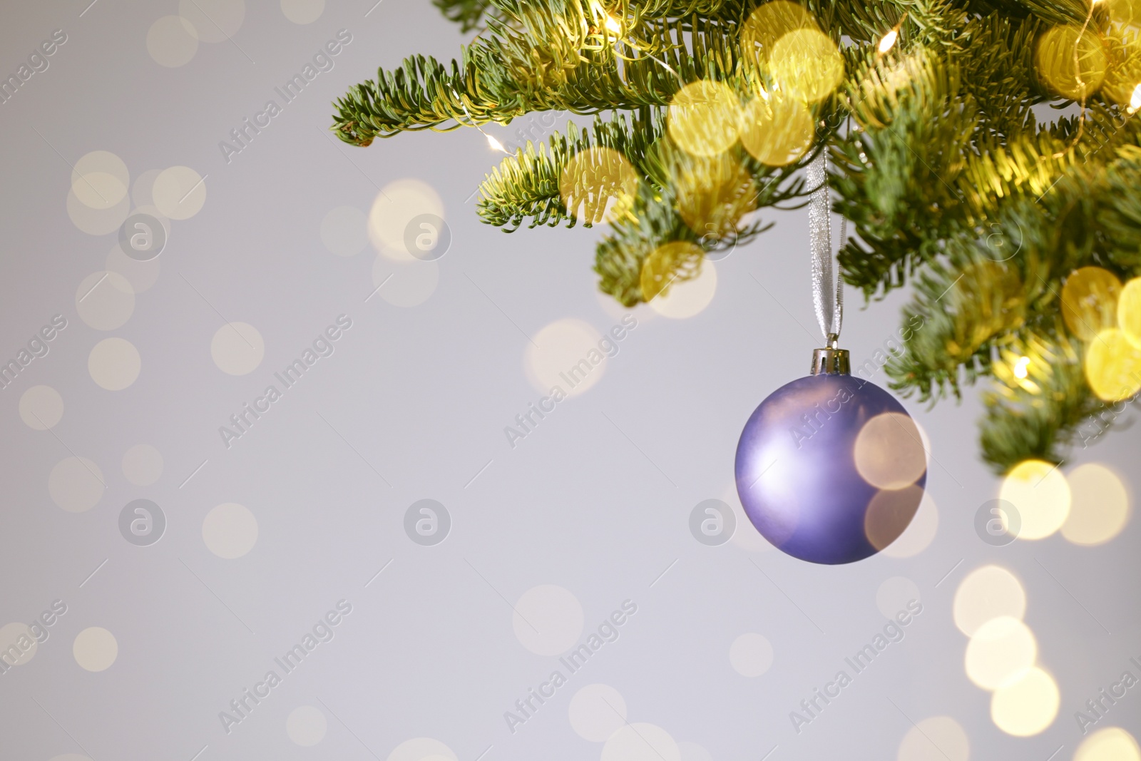 Image of Beautiful Christmas ball hanging on fir tree branch against light background, space for text. Bokeh effect