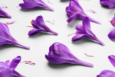 Photo of Beautiful Saffron crocus flowers on light violet  background