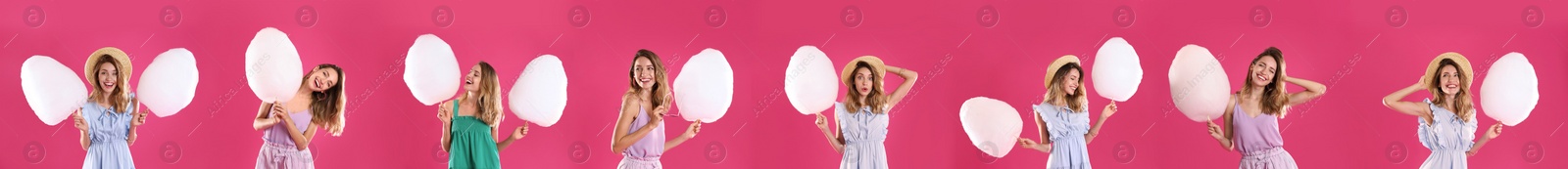 Image of Collage with photos of young woman holding cotton candy on pink background. Banner design