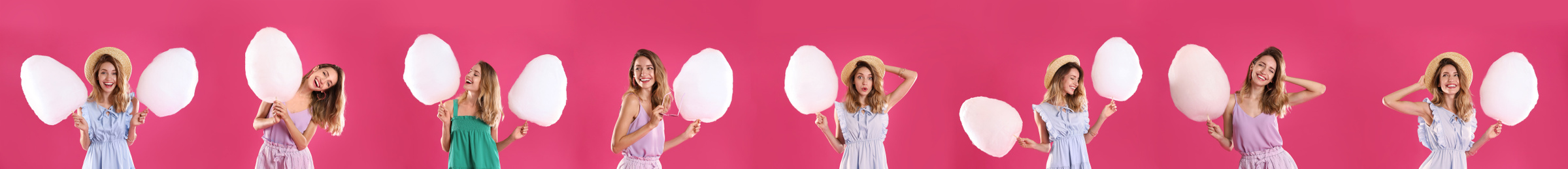 Collage with photos of young woman holding cotton candy on pink background. Banner design