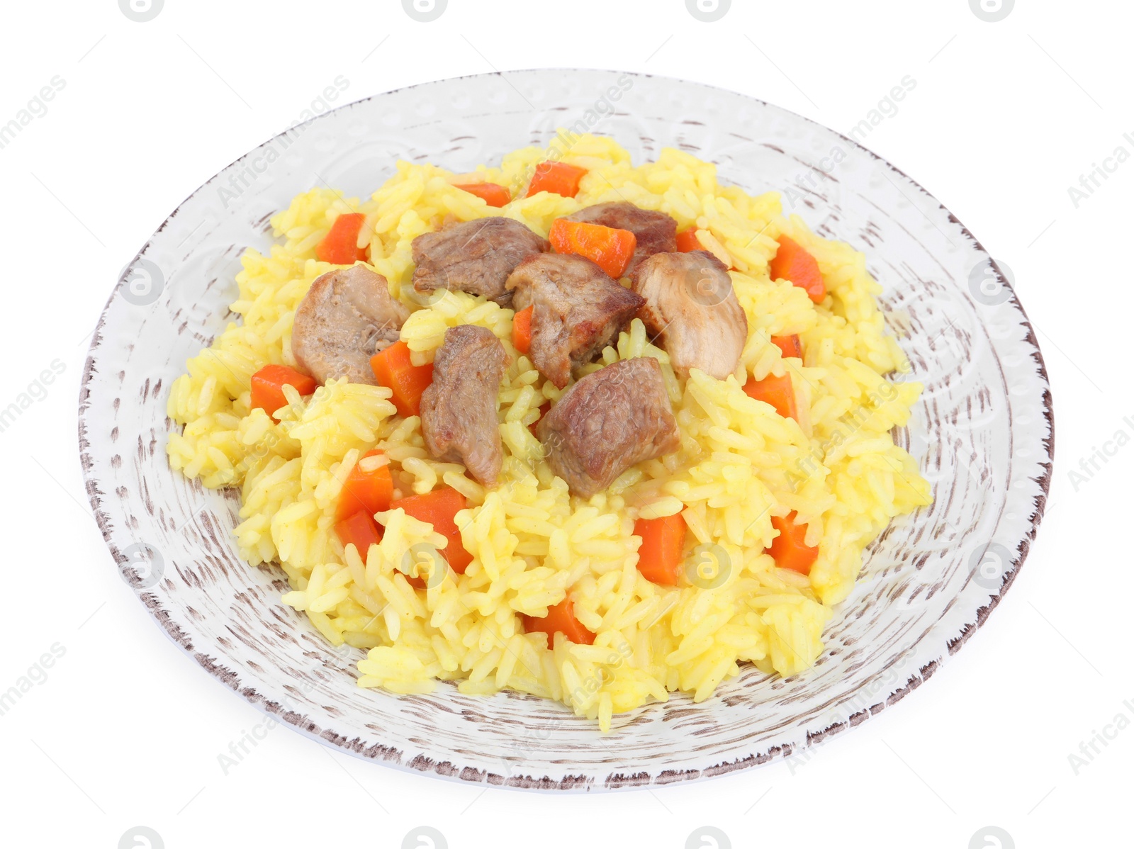 Photo of Delicious pilaf with meat isolated on white