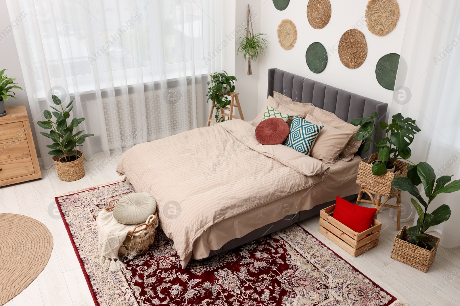 Photo of Large comfortable bed and potted houseplants in stylish bedroom, above view. Interior design