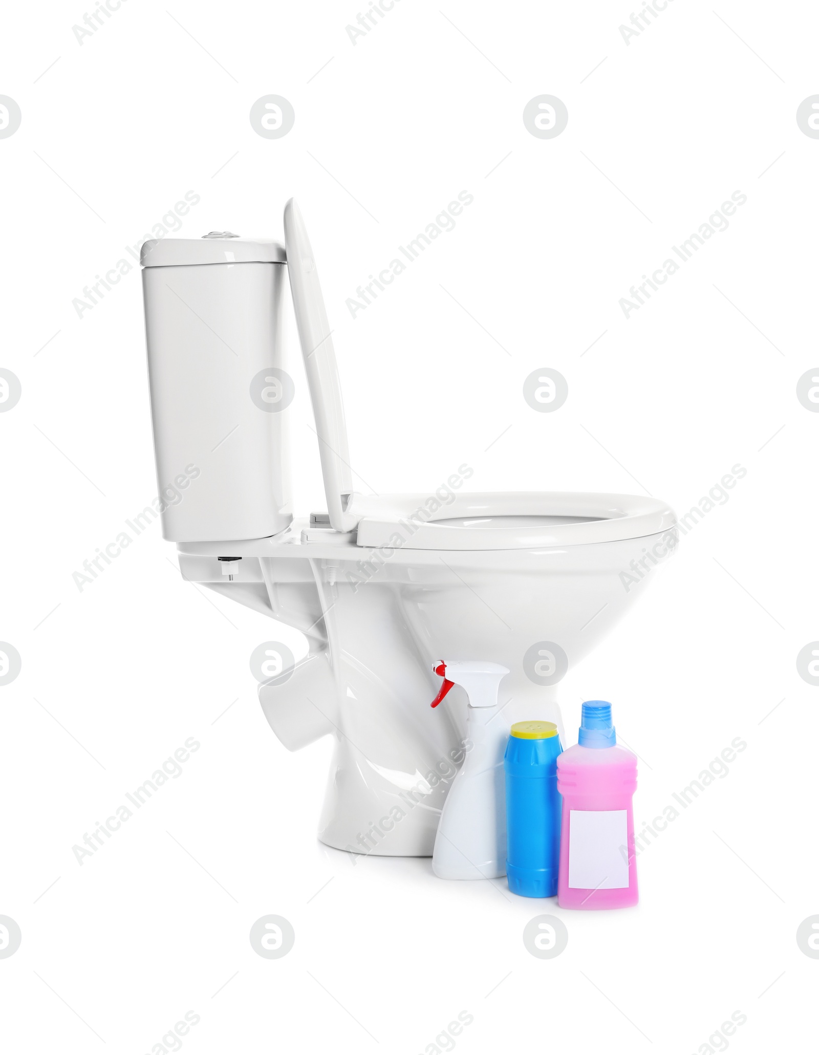 Photo of New ceramic toilet bowl and bottles of detergent on white background
