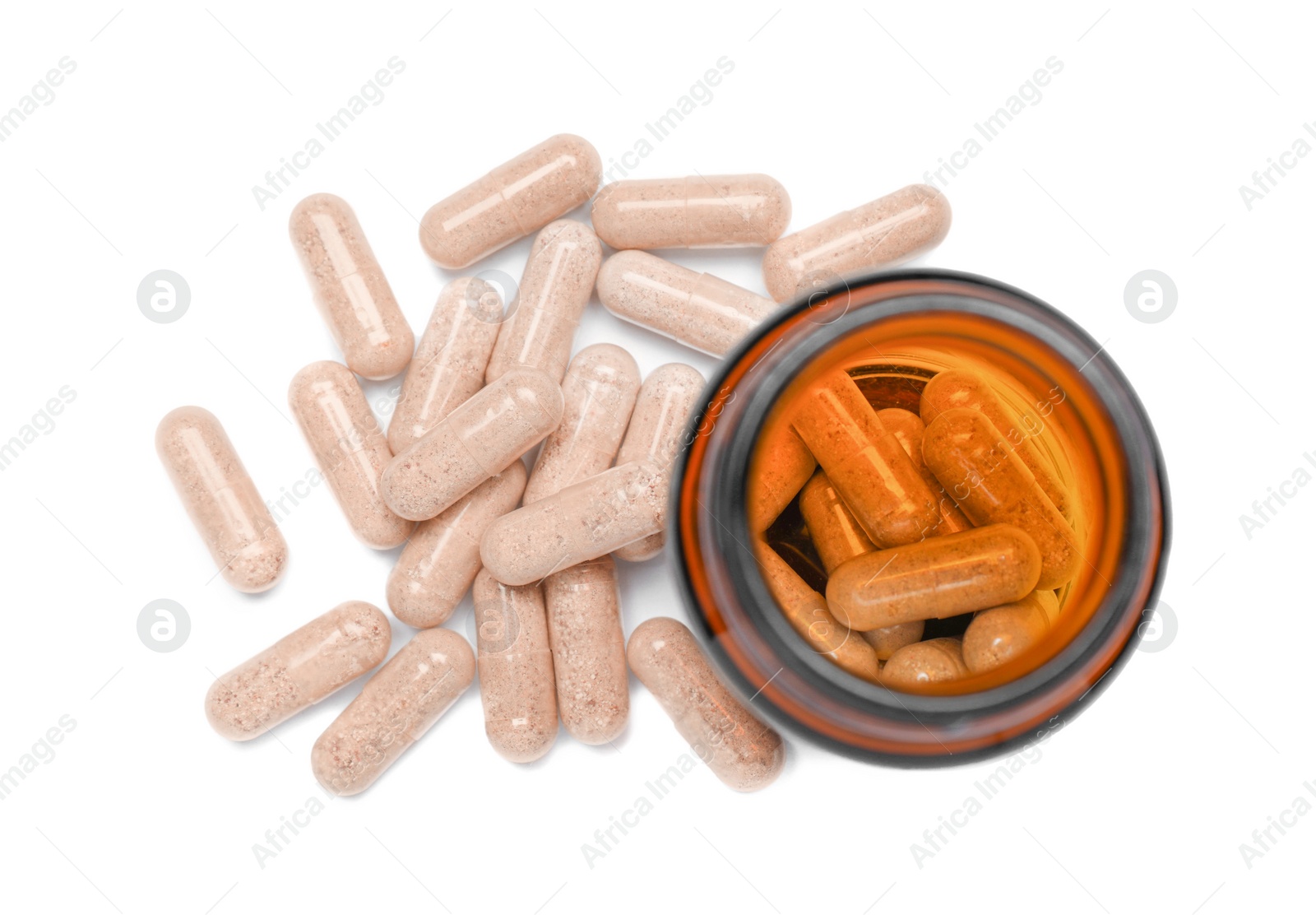 Photo of Gelatin capsules and bottle on white background, top view