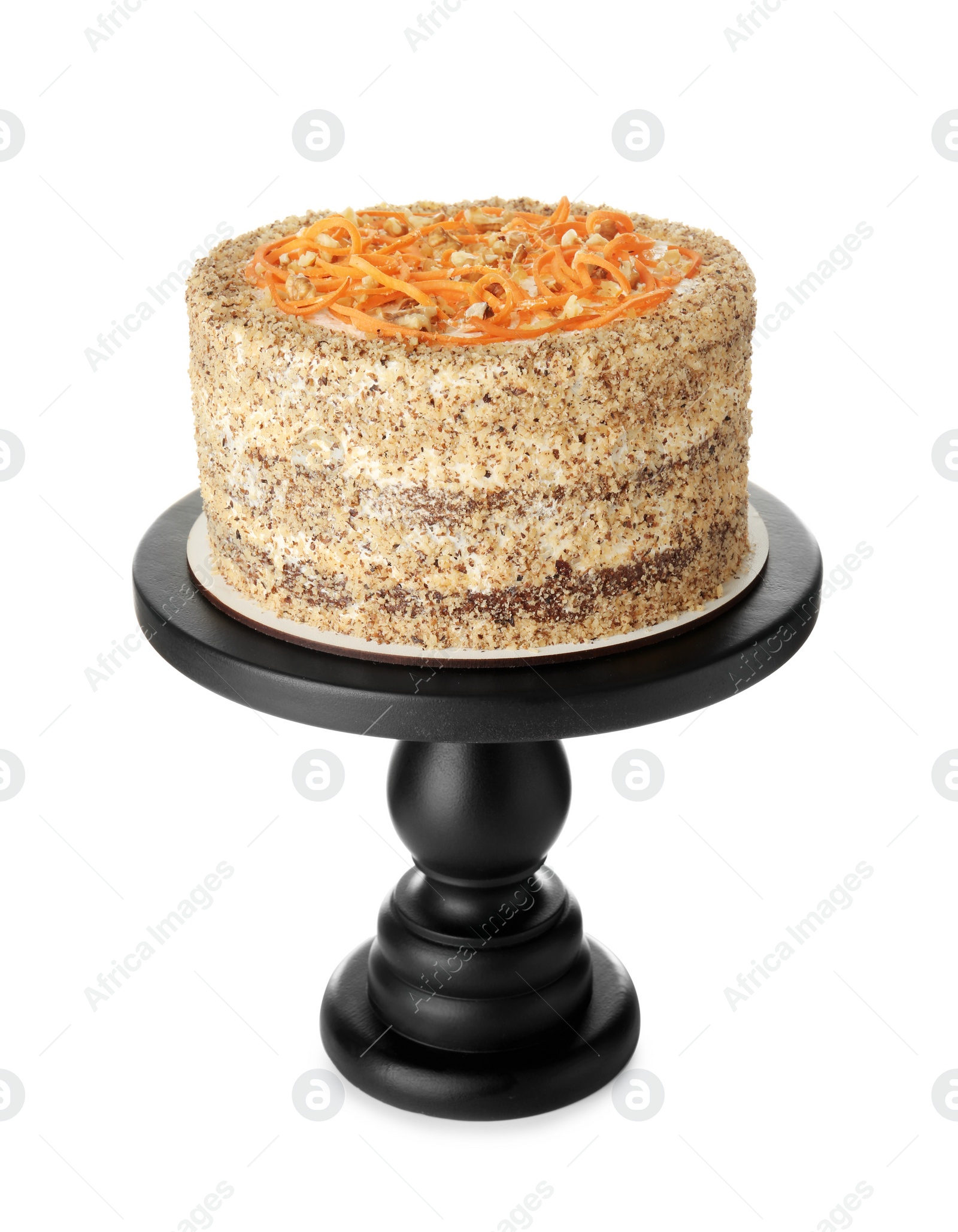 Photo of Stand with delicious carrot cake on white background