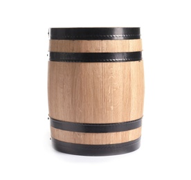 Photo of Wooden keg on white background. Wine making