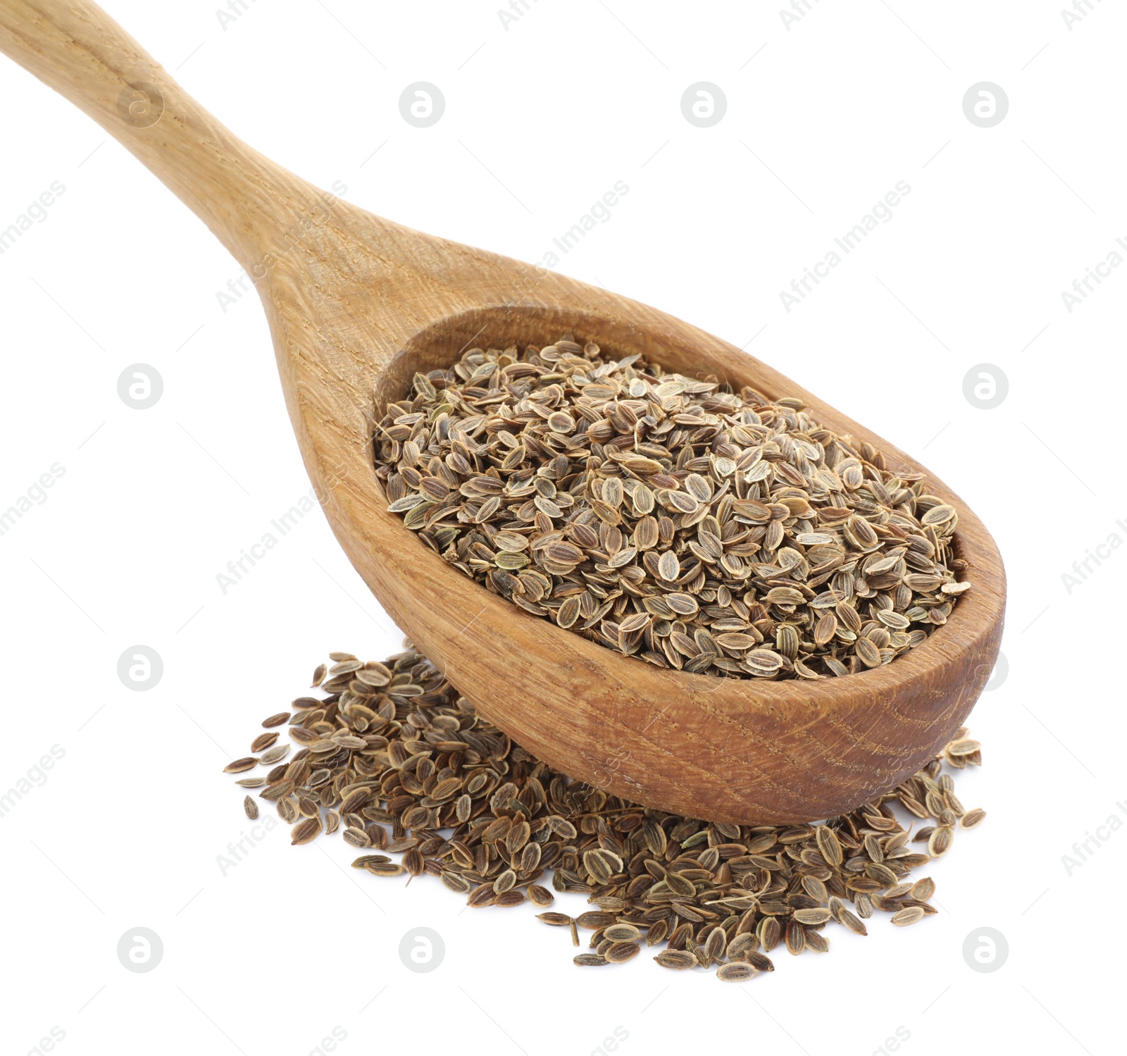 Photo of Spoon of dry dill seeds isolated on white
