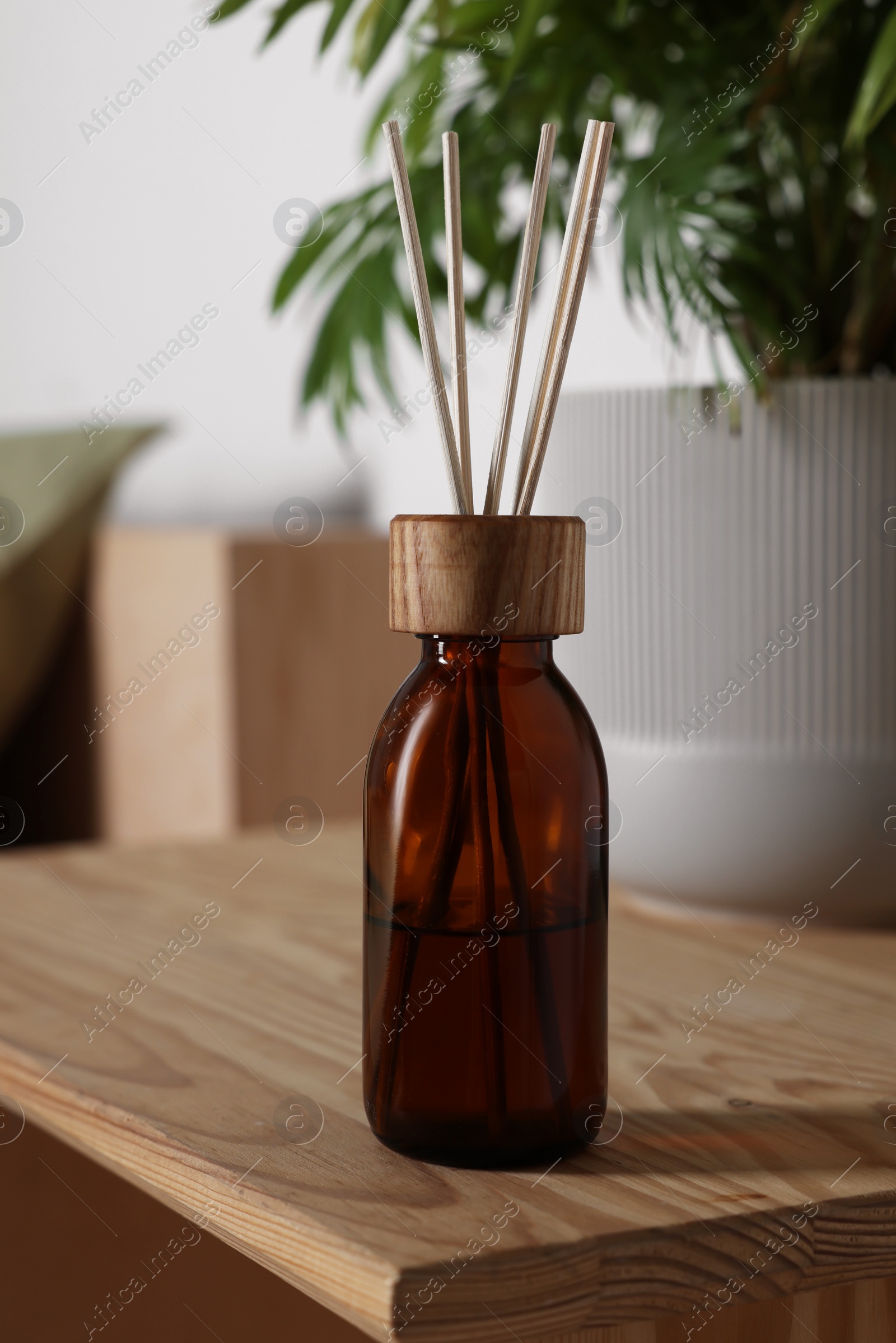 Photo of Aromatic reed air freshener near houseplant on wooden table indoors, closeup