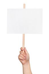 Photo of Man holding blank protest sign on white background, closeup