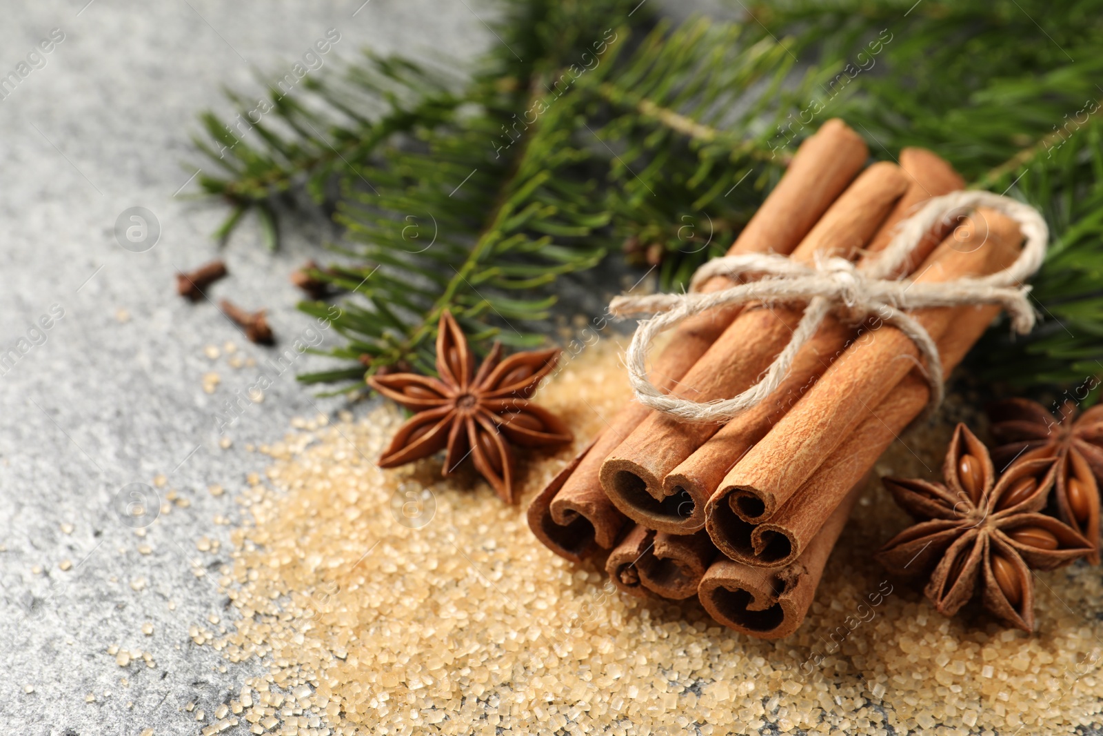 Photo of Different spices and fir branches on gray table, closeup. Space for text