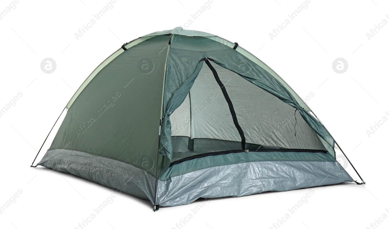 Photo of Comfortable dark green camping tent on white background