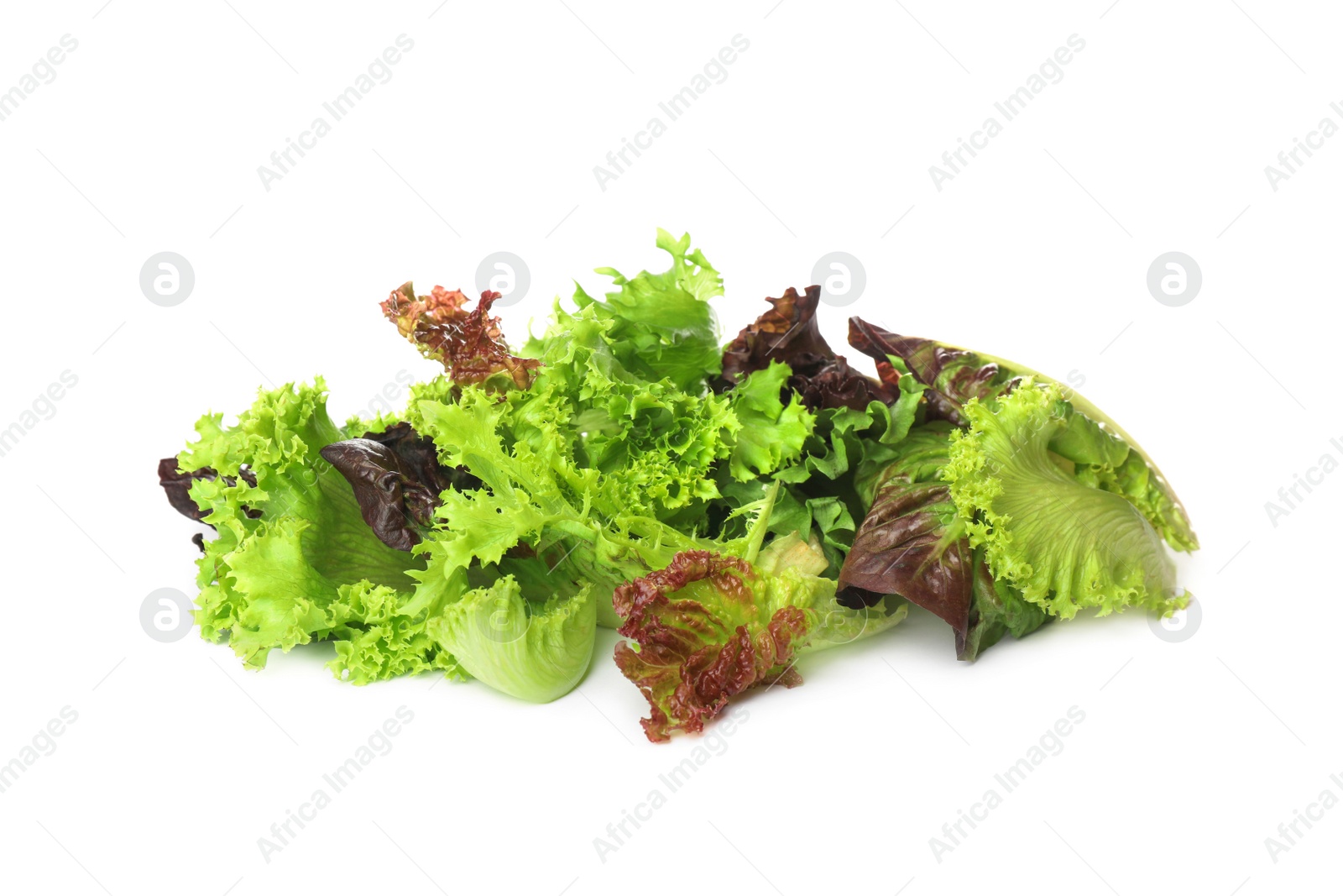 Photo of Leaves of different lettuces on white background