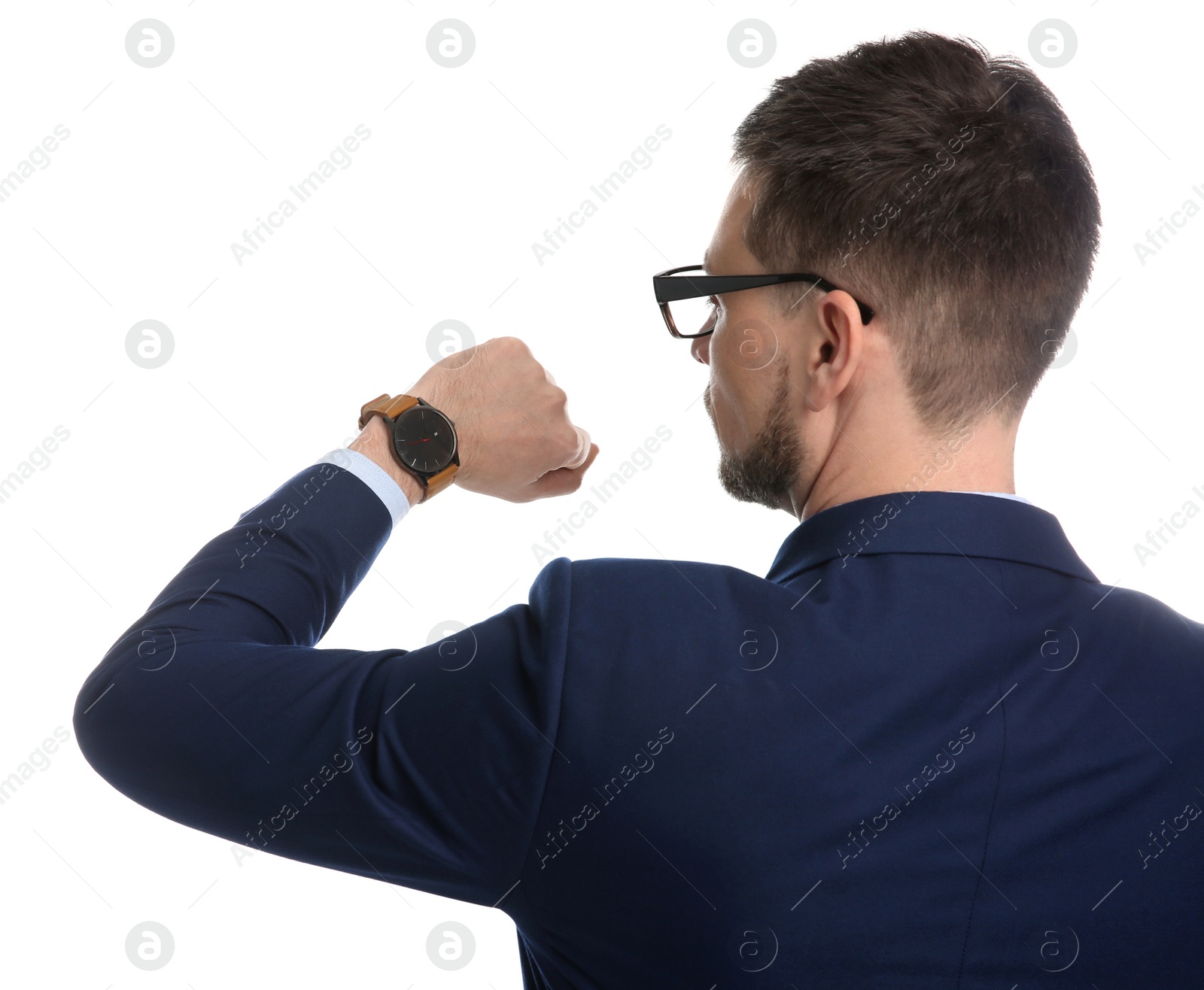 Photo of Businessman looking at wristwatch on white background. Time management