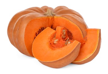 Photo of Sliced fresh ripe pumpkin on white background