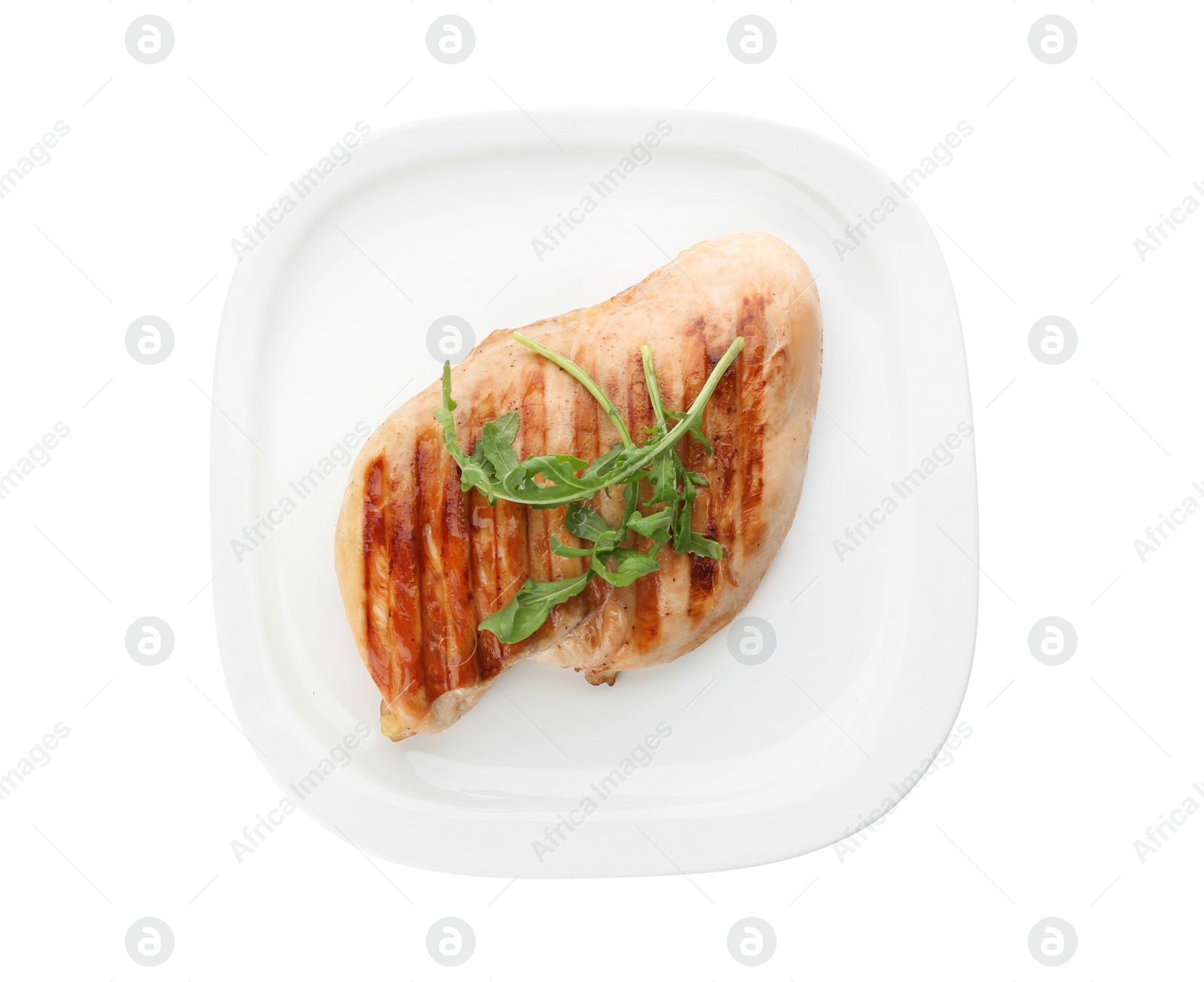 Photo of Tasty grilled chicken fillet with arugula isolated on white, top view