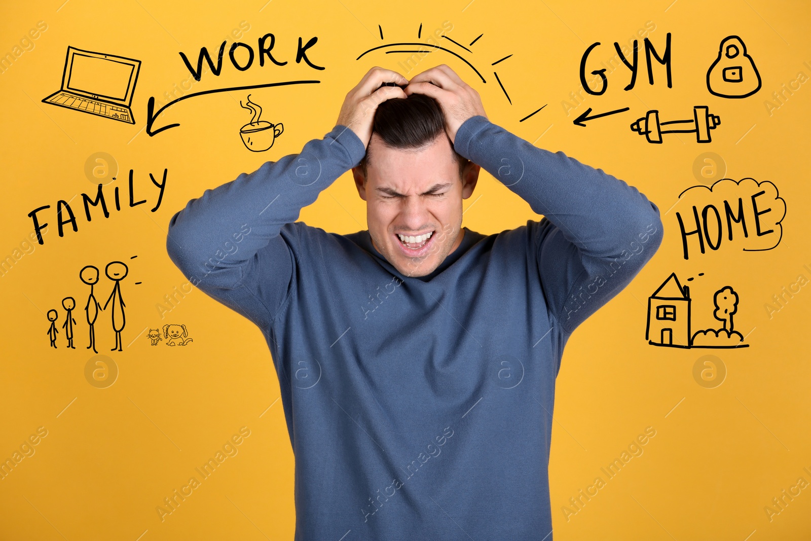 Image of Stressed man, text and drawings on yellow background