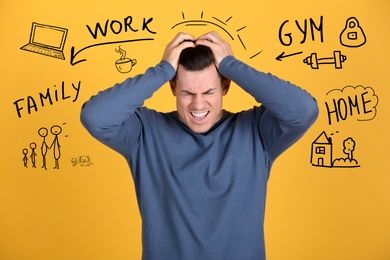 Stressed man, text and drawings on yellow background