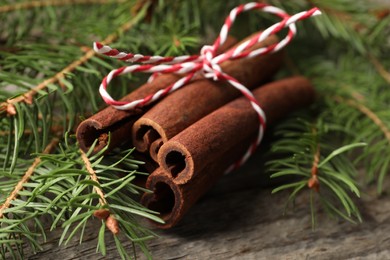 Cinnamon sticks and fir branches on wooden table, closeup