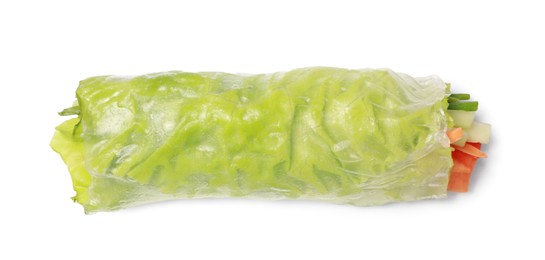 Tasty spring roll wrapped in rice paper isolated on white, top view