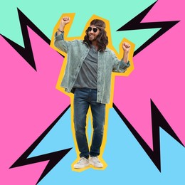 Pop art poster. Stylish hippie man in sunglasses dancing on bright comic style background