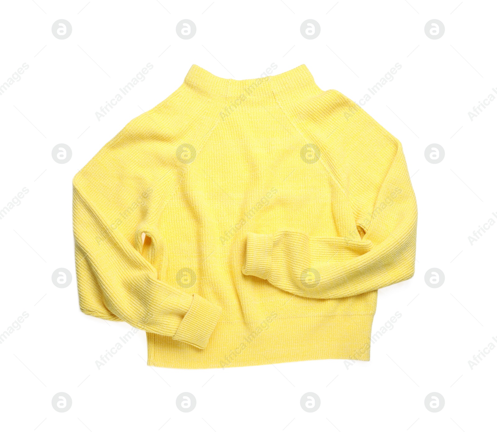 Photo of Yellow woolen sweater isolated on white, top view