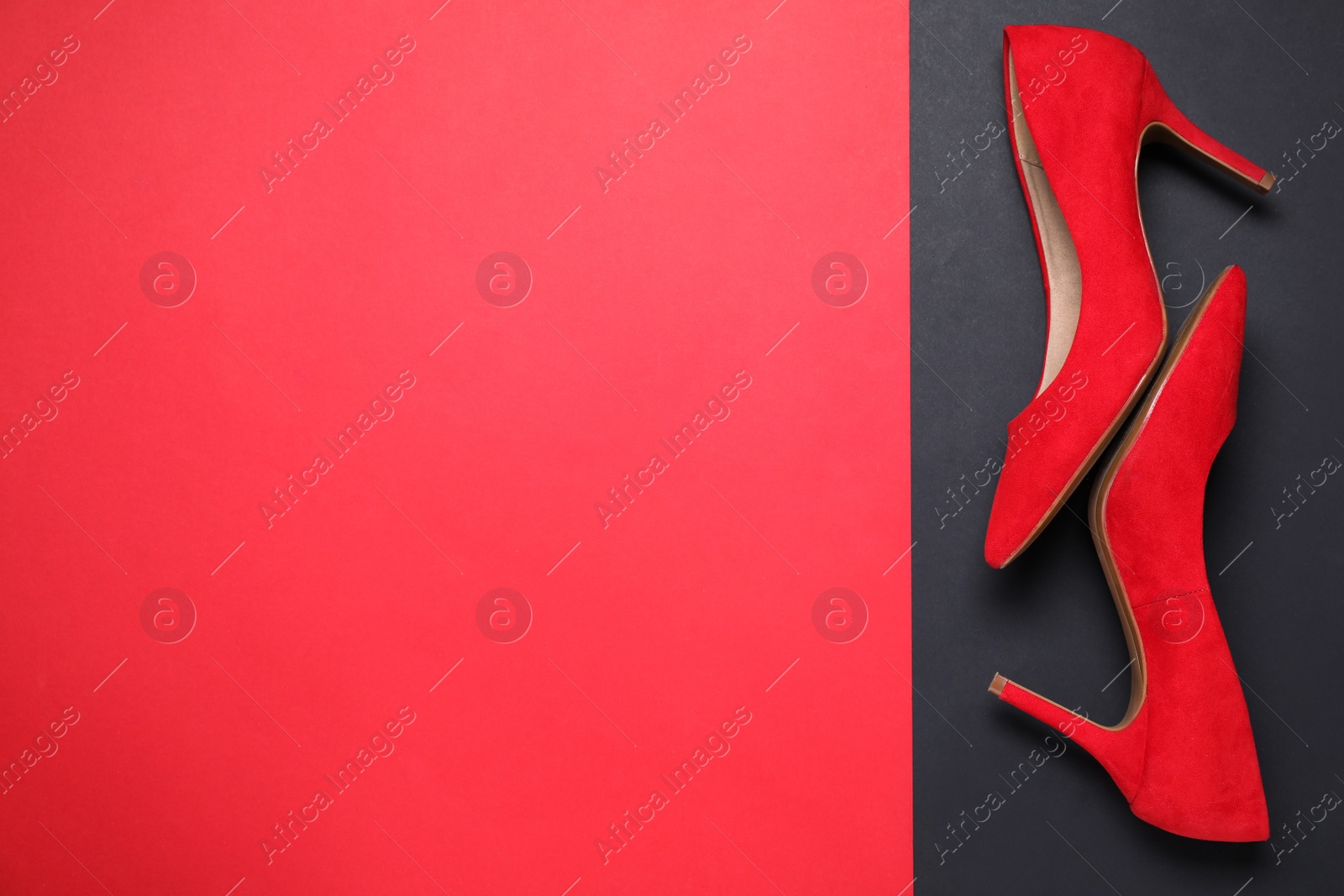 Photo of Stylish women's shoes on color background, top view. Space for text