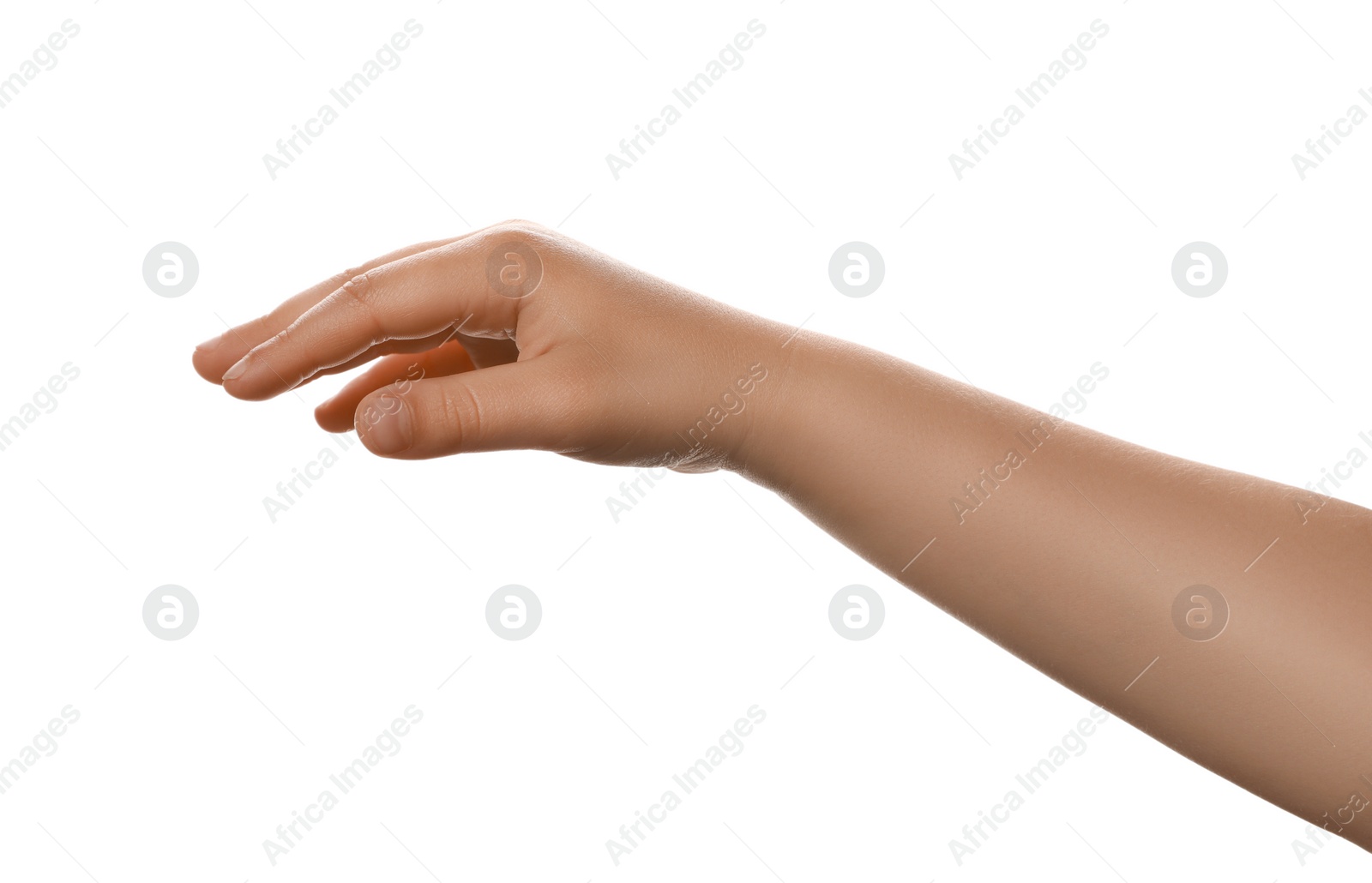 Photo of Little child against white background, closeup on hand