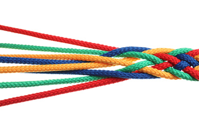 Braided colorful ropes on white background. Unity concept
