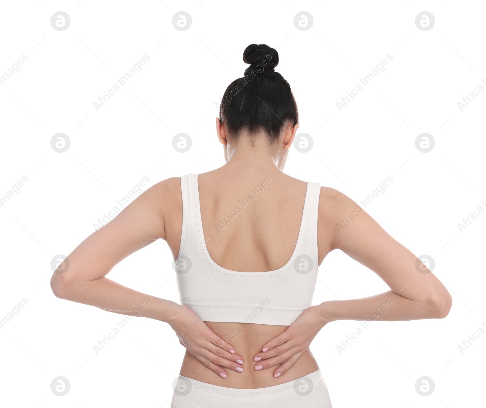 Photo of Woman suffering from pain in back on white background