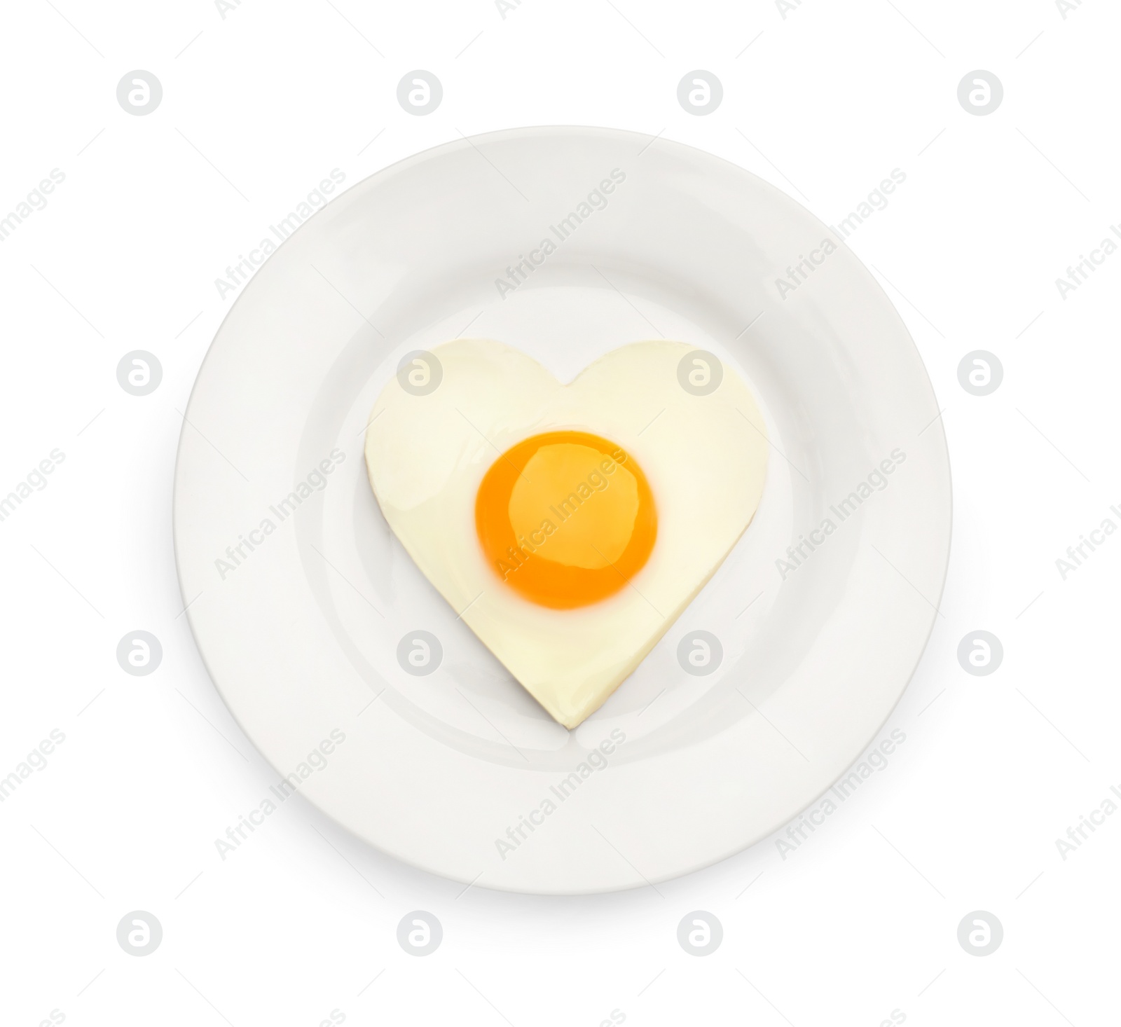 Photo of Plate with tasty fried egg in shape of heart and toast isolated on white, top view