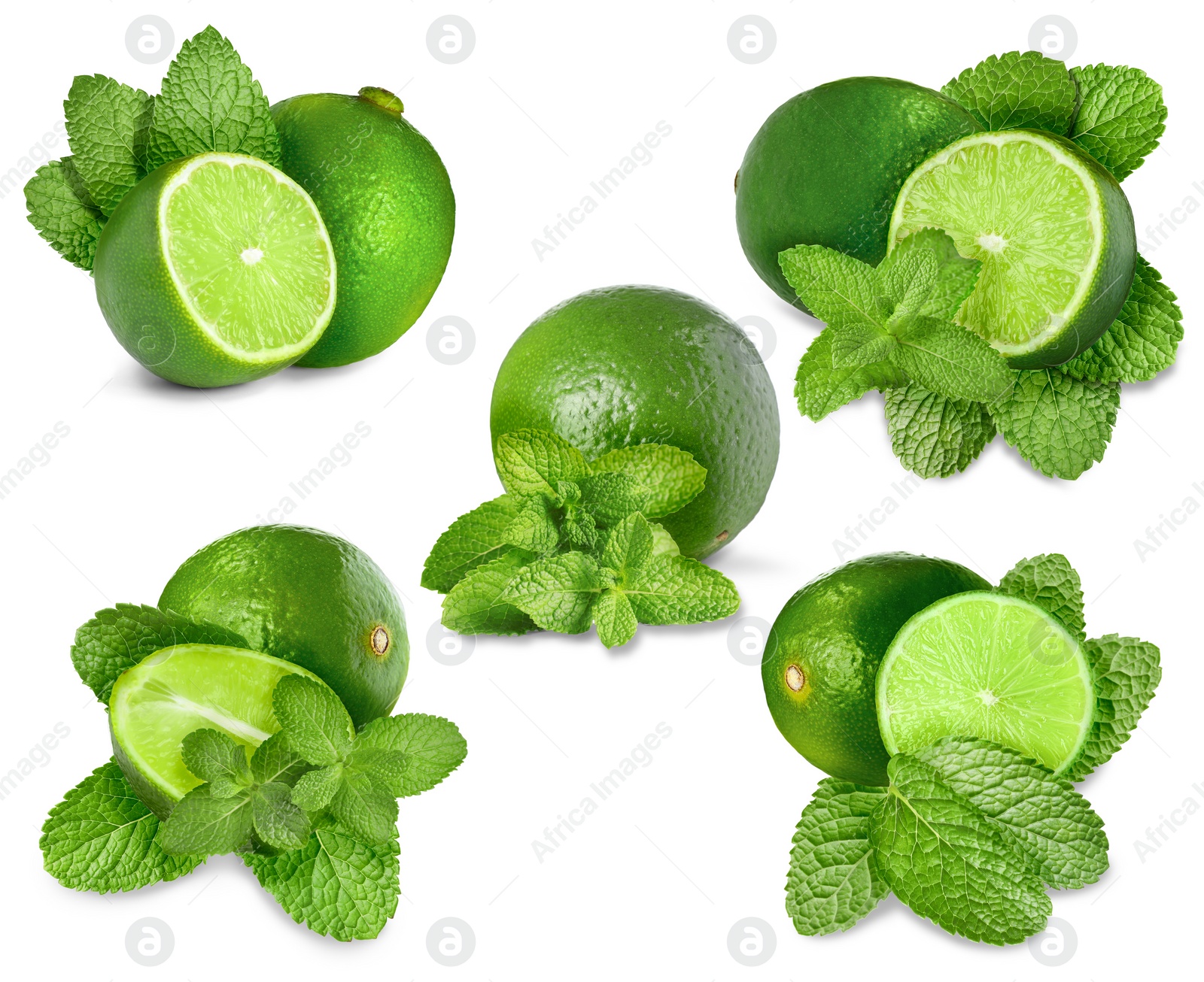 Image of Fresh ripe limes and green mint leaves isolated on white, set