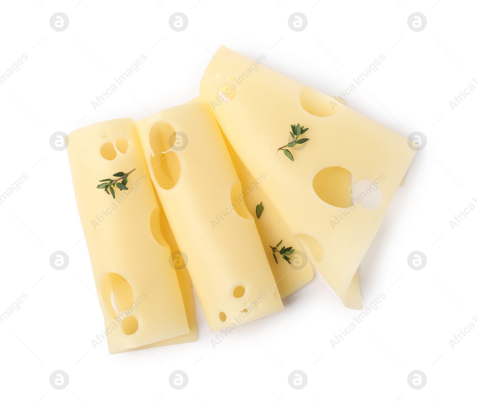 Photo of Slices of tasty fresh cheese and thyme isolated on white, top view