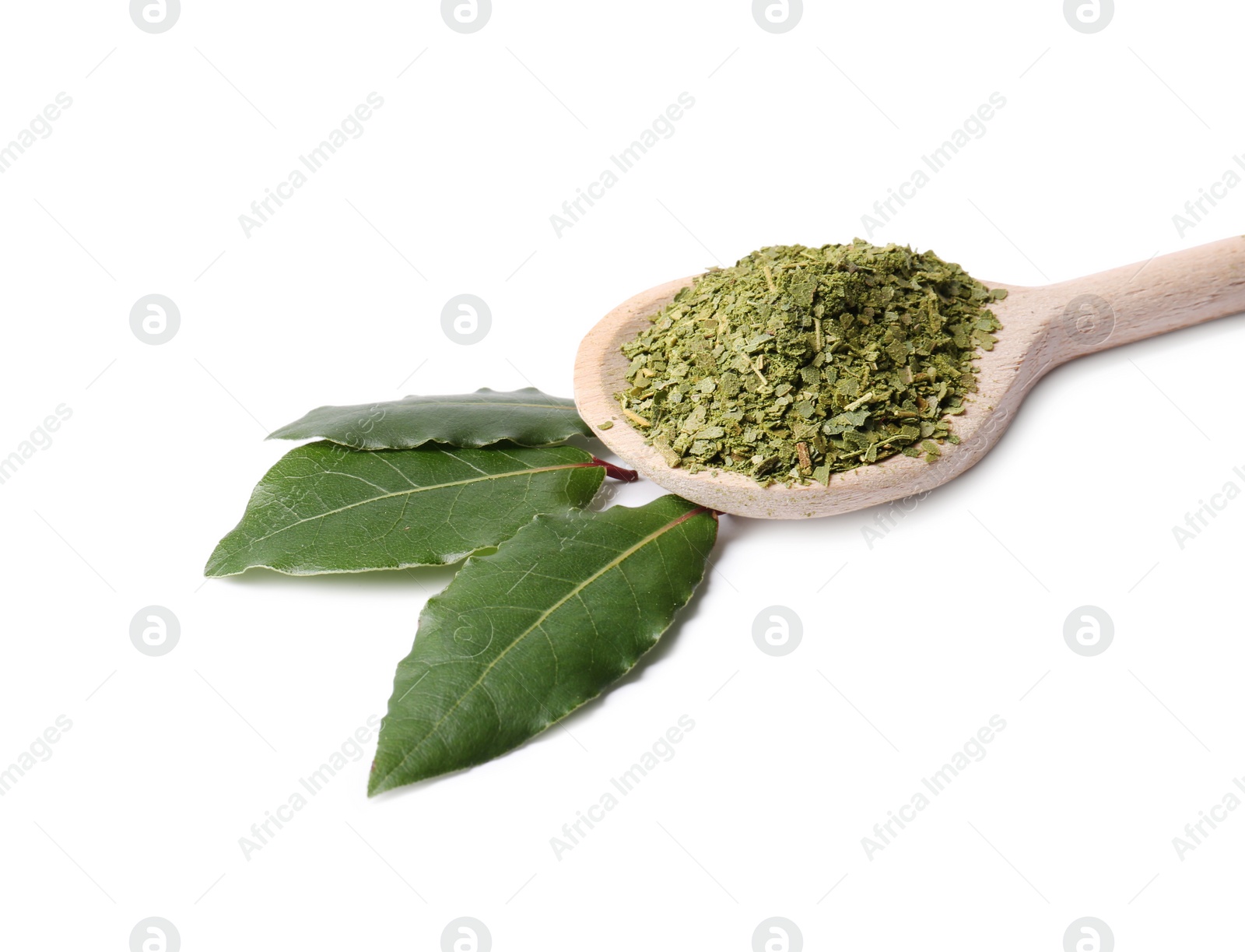 Photo of Spoon with ground and fresh bay leaves on white background