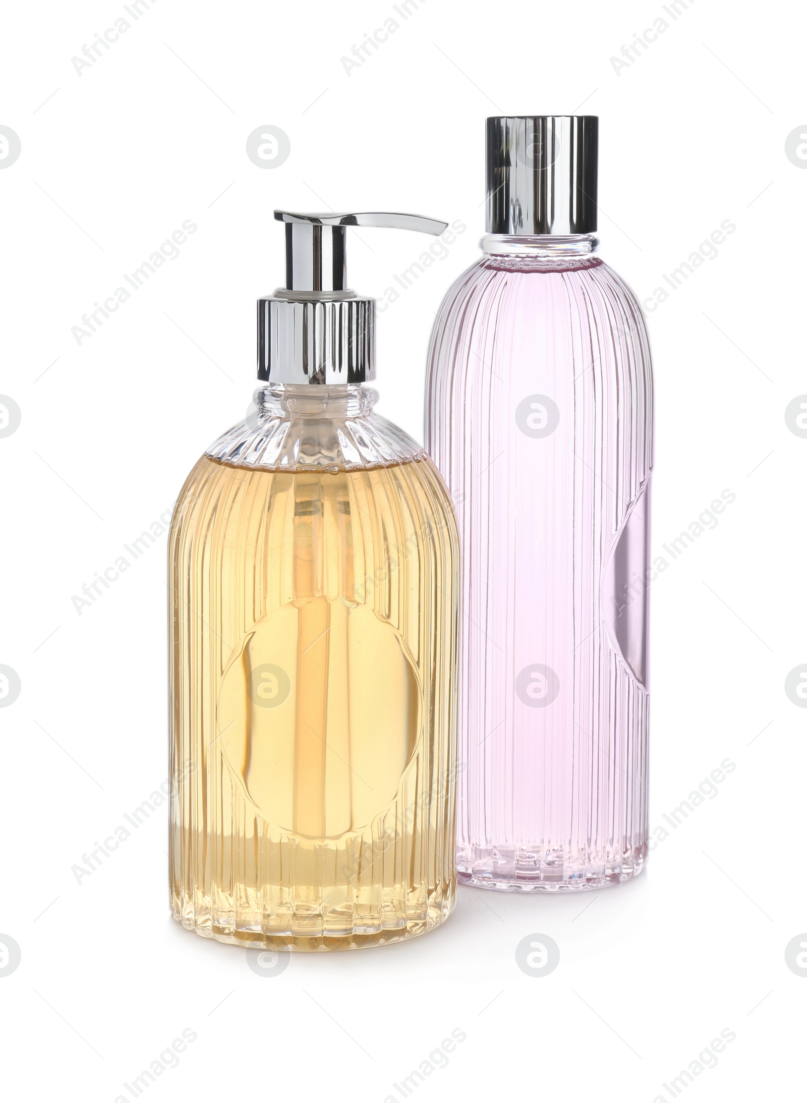 Photo of Stylish containers with skin care products on white background