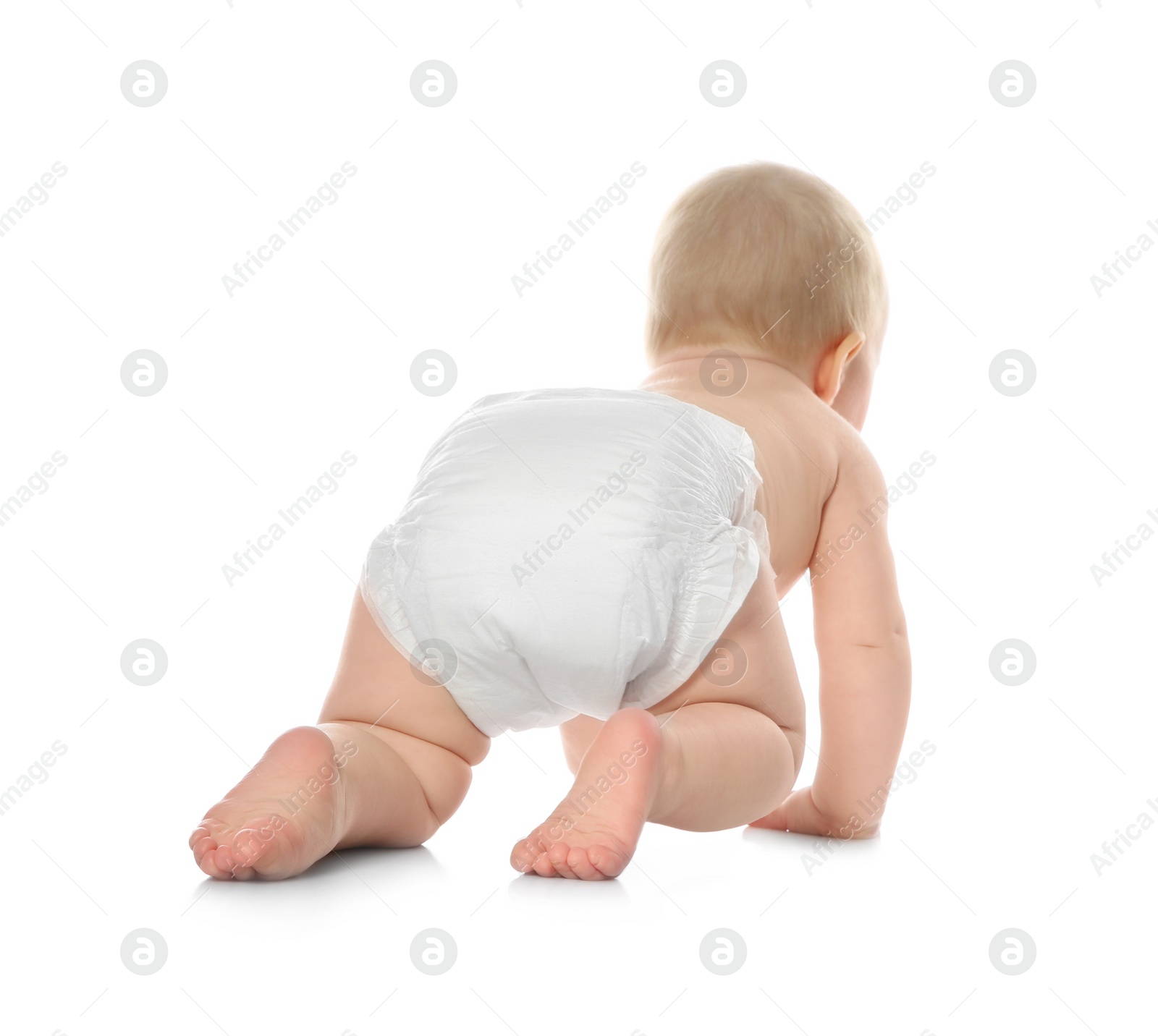 Photo of Cute little baby crawling on white background