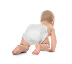 Cute little baby crawling on white background