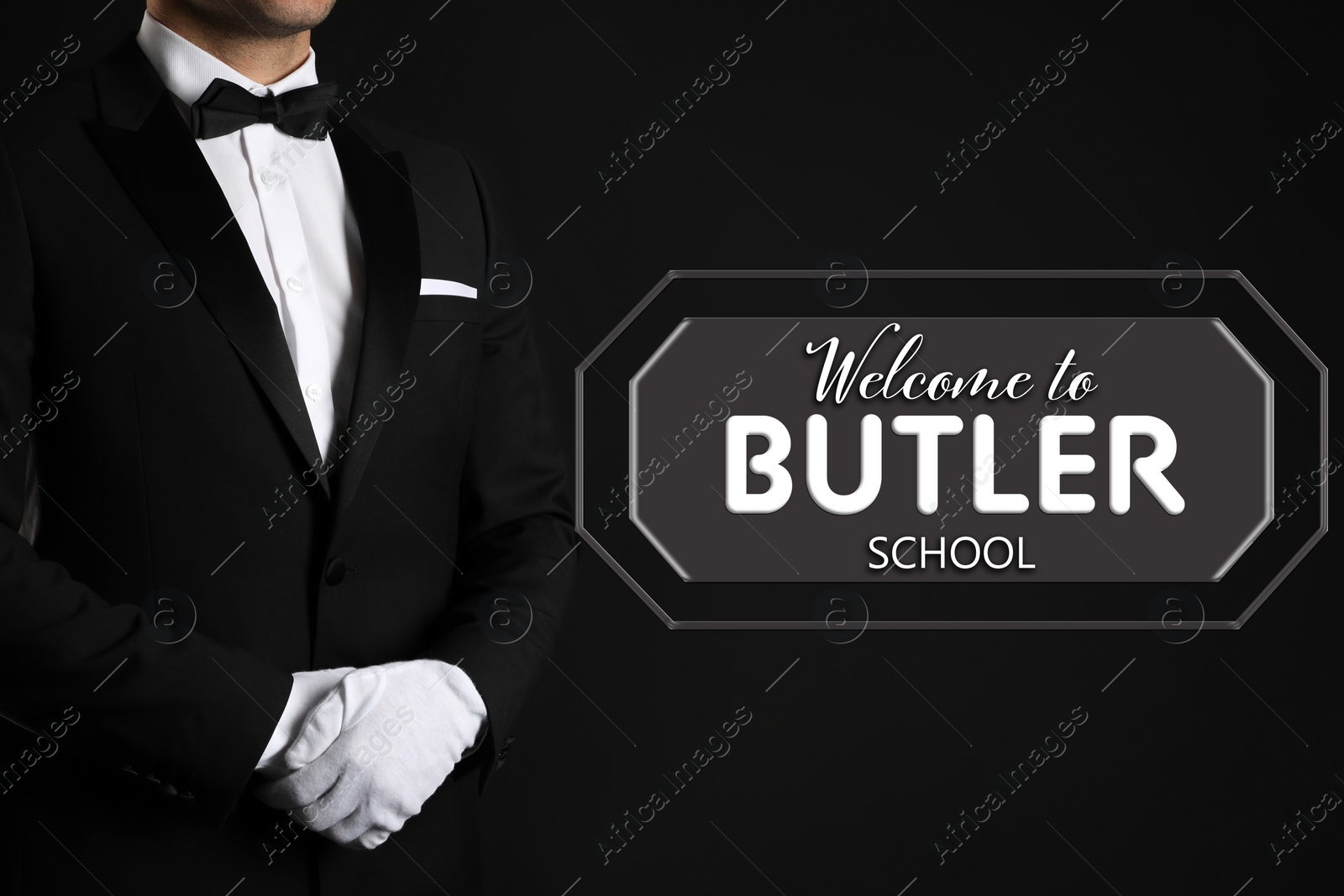 Image of Man in elegant suit and sign Welcome To Butler School on black background
