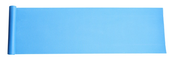 Image of Light blue camping mat isolated on white, top view. Banner design 