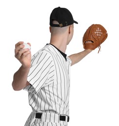 Baseball player throwing ball on white background, back view