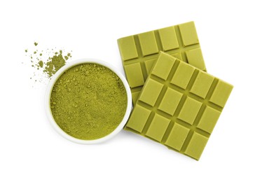 Pieces of tasty matcha chocolate bar and powder isolated on white, top view