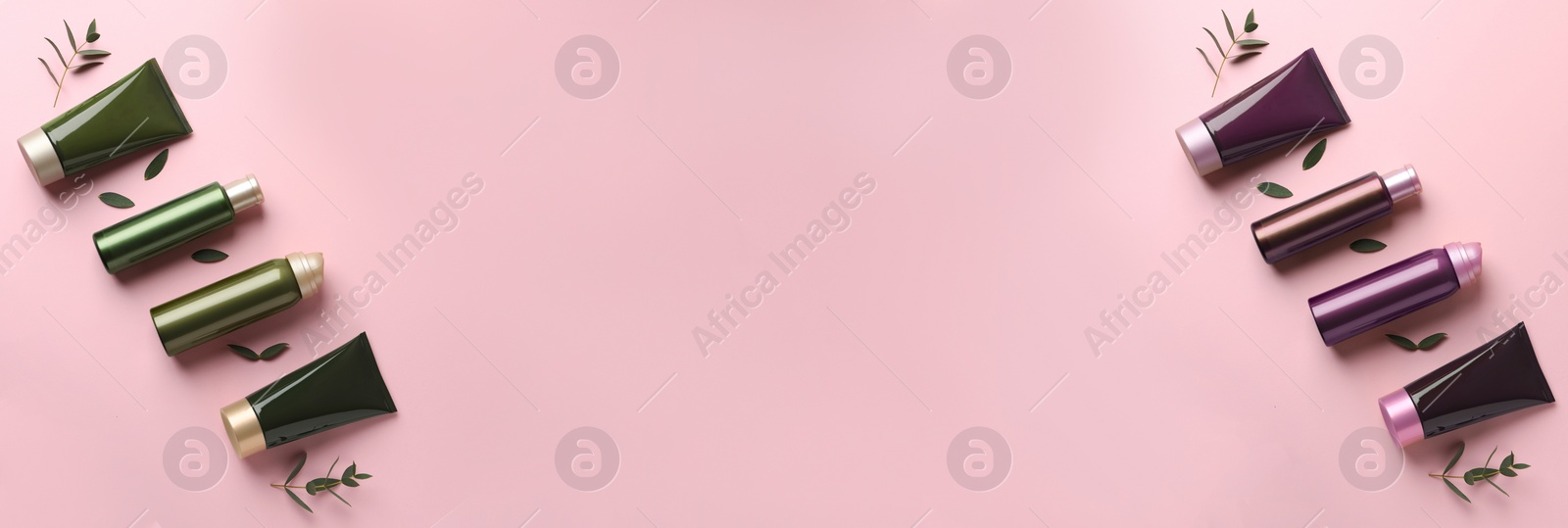 Image of Flat lay composition with cosmetic products and leaves on pink background, space for text. Banner design