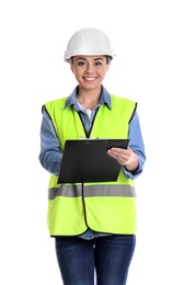 Photo of Female industrial engineer in uniform with clipboard on white background. Safety equipment