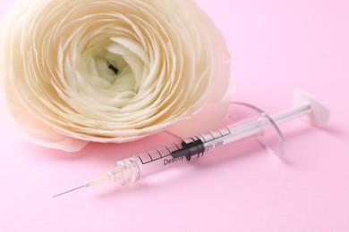 Photo of Cosmetology. Medical syringe and ranunculus flower on pink background, closeup
