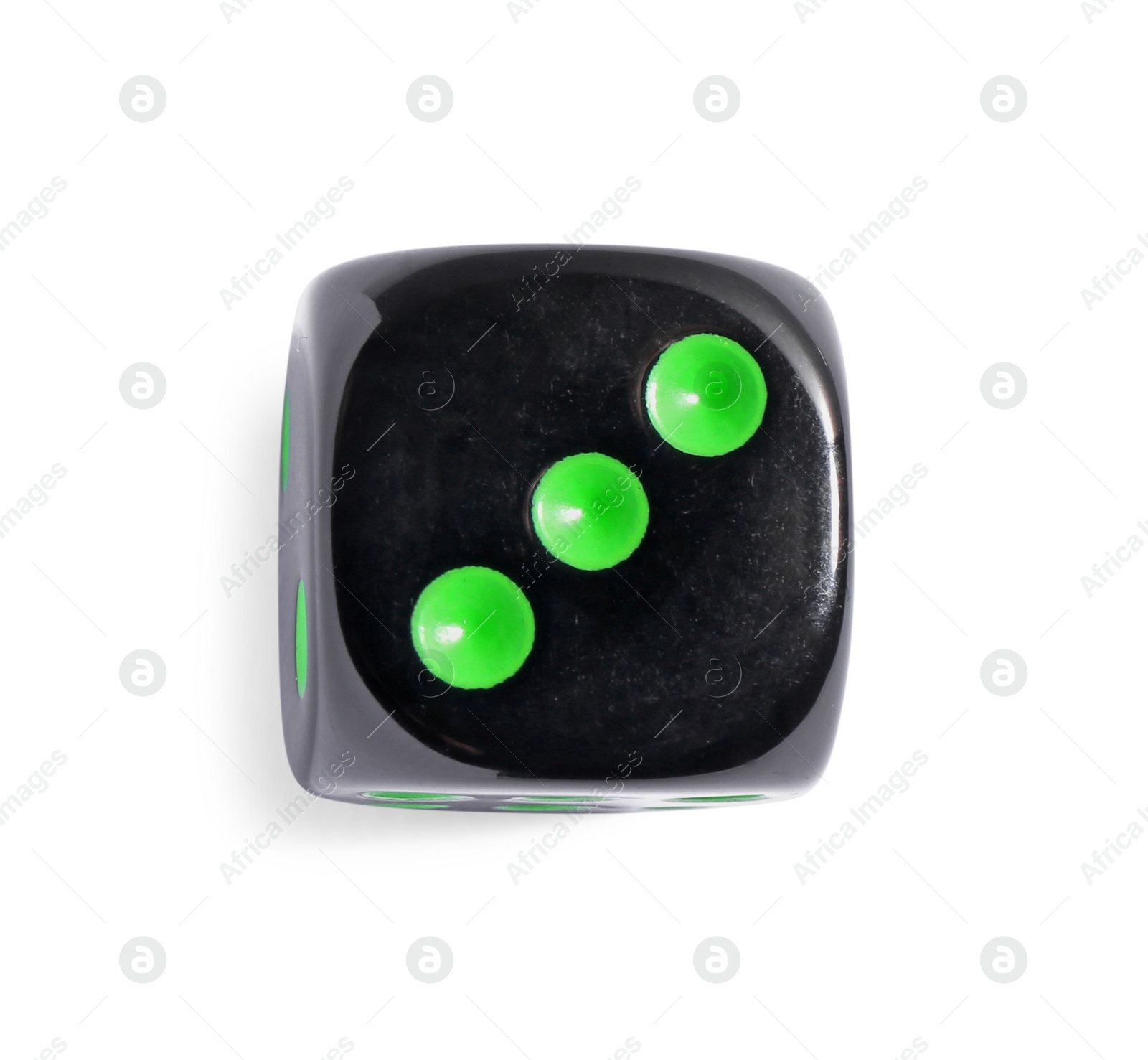 Photo of One black game dice isolated on white, top view