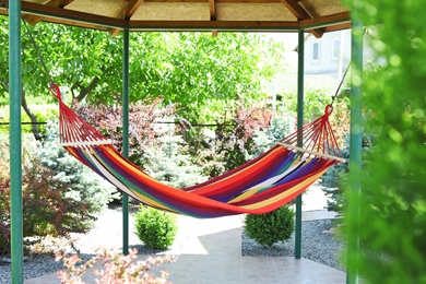 Photo of Beautiful English style garden with comfortable hammock on sunny day